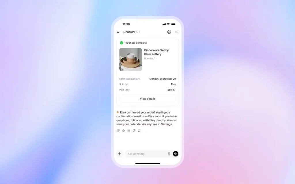 Schermata che mostra l'acquisto di un prodotto eseguito all'interno della chat di ChatGPT.